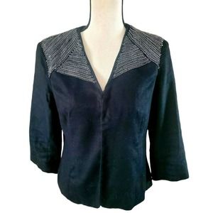 Chico's Linen Blend Black 3/4 Sleeve Jacket Silver Chain Detail Sz 0 or S